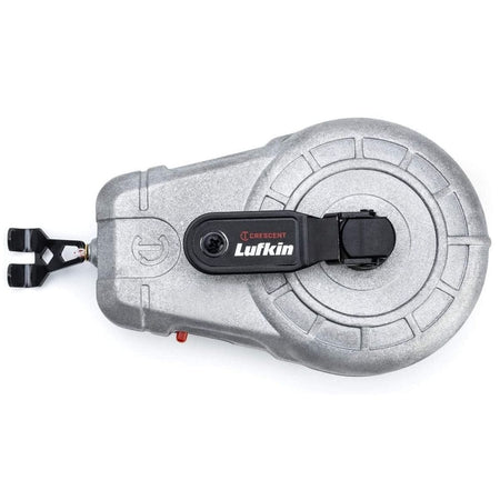 Top-down view of a Crescent Lufkin CLA100AB 100-foot aluminum chalk reel featuring a heavy-duty cast metal body, black retrieval crank handle, and a metal end hook for professional layout marking.