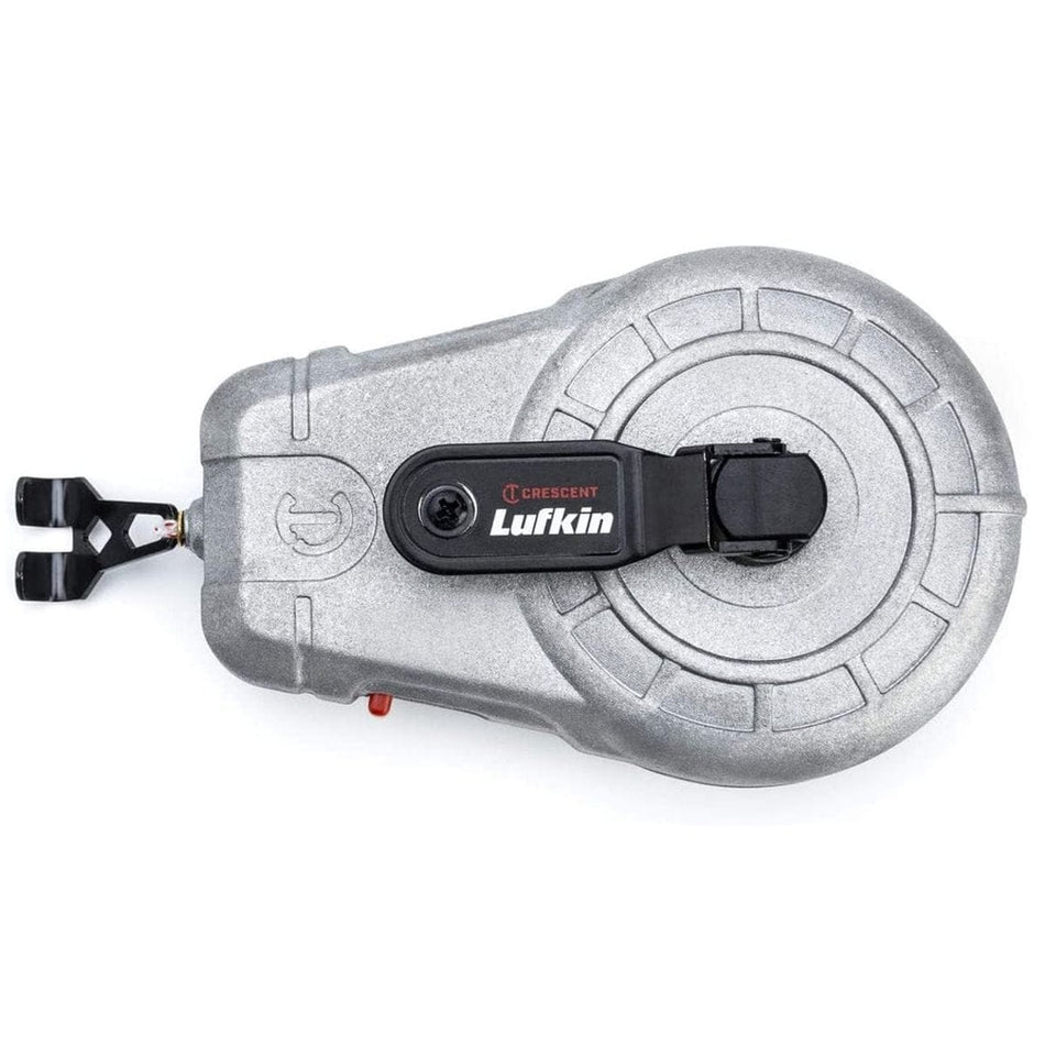 Top-down view of a Crescent Lufkin CLA100AB 100-foot aluminum chalk reel featuring a heavy-duty cast metal body, black retrieval crank handle, and a metal end hook for professional layout marking.