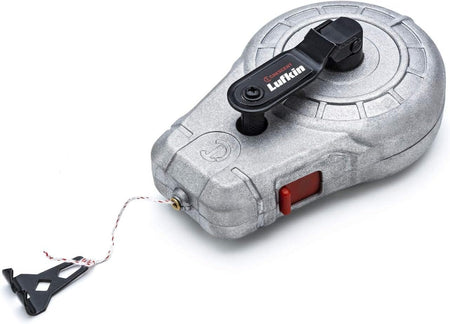 Angled perspective of the Crescent Lufkin 100-foot aluminum chalk reel highlighting the durable cast metal housing, the braided nylon line with end hook, and the integrated sliding refill door.
