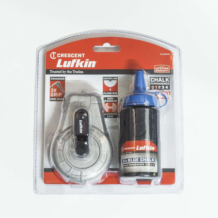 The Crescent Lufkin CLA100AB 100-foot aluminum chalk reel set in original retail packaging, including the cast metal reel and a 3 oz bottle of high-visibility blue marking chalk.