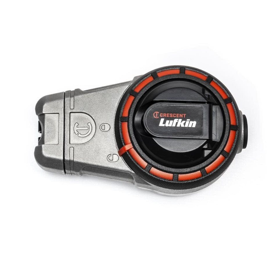 Top-down view of the Crescent Lufkin CLA100R professional 100-foot chalk reel featuring a rugged aluminum housing with orange accents for high-visibility layout marking.