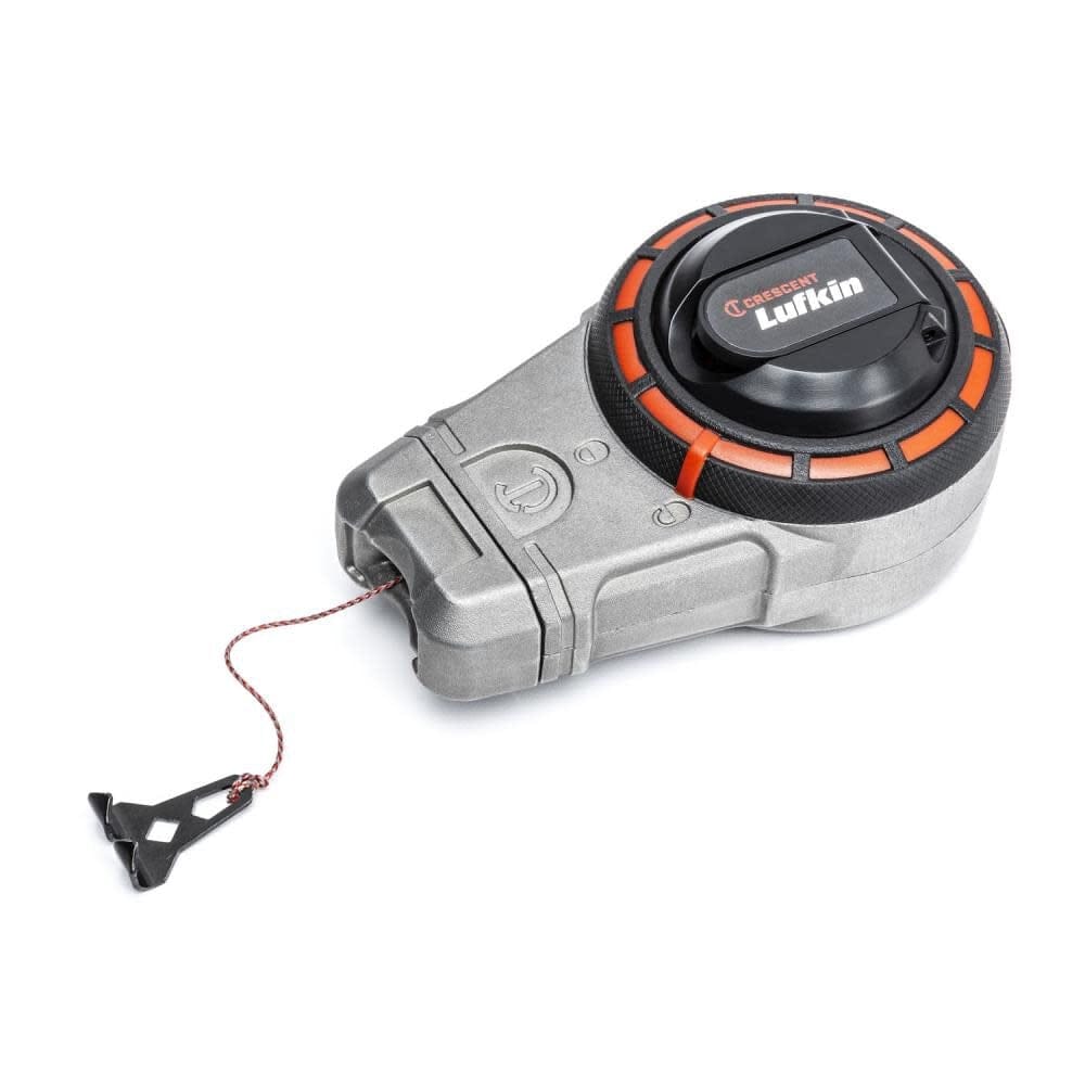 The Crescent Lufkin CLA100R 100-foot professional aluminum chalk reel shown from an elevated side perspective, highlighting the durable metal construction and ergonomic grip.