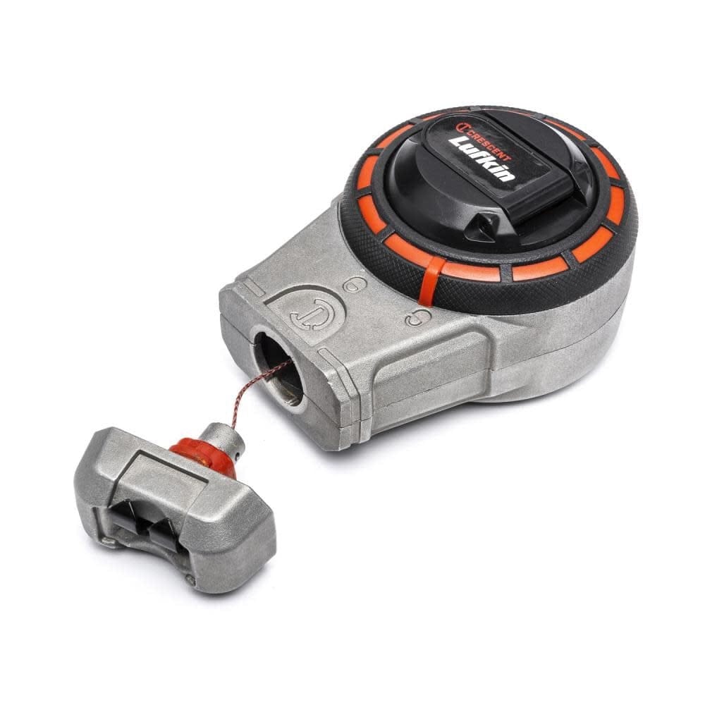 Close-up view of the Crescent Lufkin aluminum chalk reel with the nesting end hook and braided line pulled out, illustrating the secure hook storage recess.