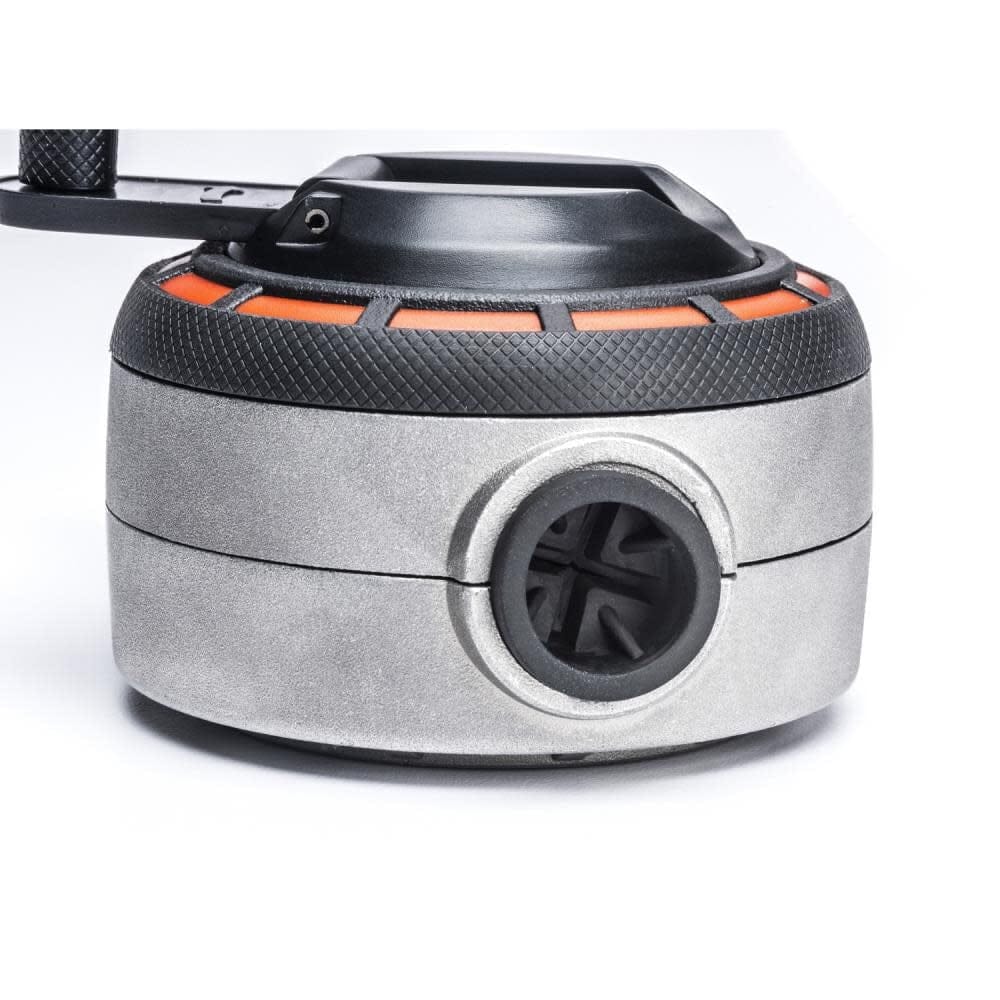 Macro side view of the Crescent Lufkin professional aluminum chalk reel focusing on the textured housing and the precision-engineered one-way fill valve.