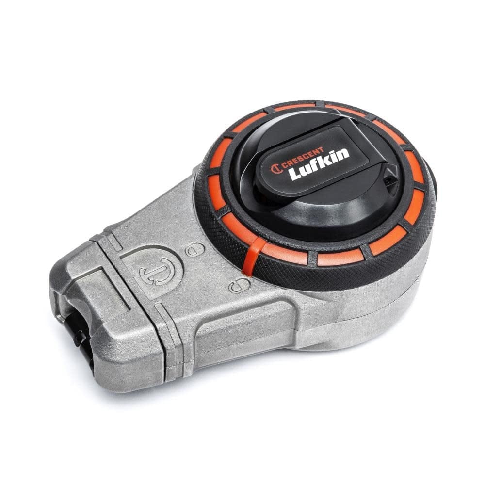 Crescent Lufkin CLA100R 100-foot aluminum professional chalk reel shown with its high-speed rotating hub lock and compact, contractor-grade design.