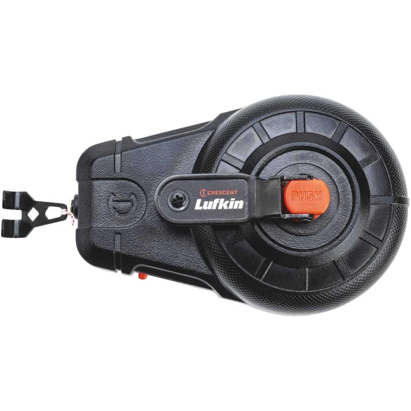 Top-down view of the Crescent Lufkin CLP100B 100-foot chalk reel featuring a durable black housing with an integrated orange push-button clutch and centerline marker for plumb bob use.