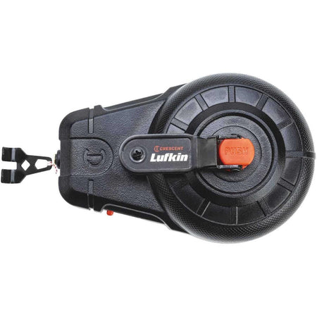 Top-down view of the Crescent Lufkin CLP100B 100-foot chalk reel featuring a durable black housing with an integrated orange push-button clutch and centerline marker for plumb bob use.