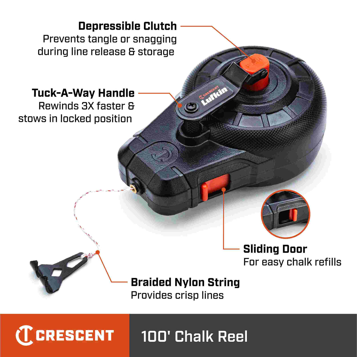 Infographic of the Crescent Lufkin CLP100B chalk reel highlighting the depressible clutch to prevent tangles, a tuck-away handle for 3X faster rewind, a sliding door for easy chalk refills, and braided nylon string for crisp lines.