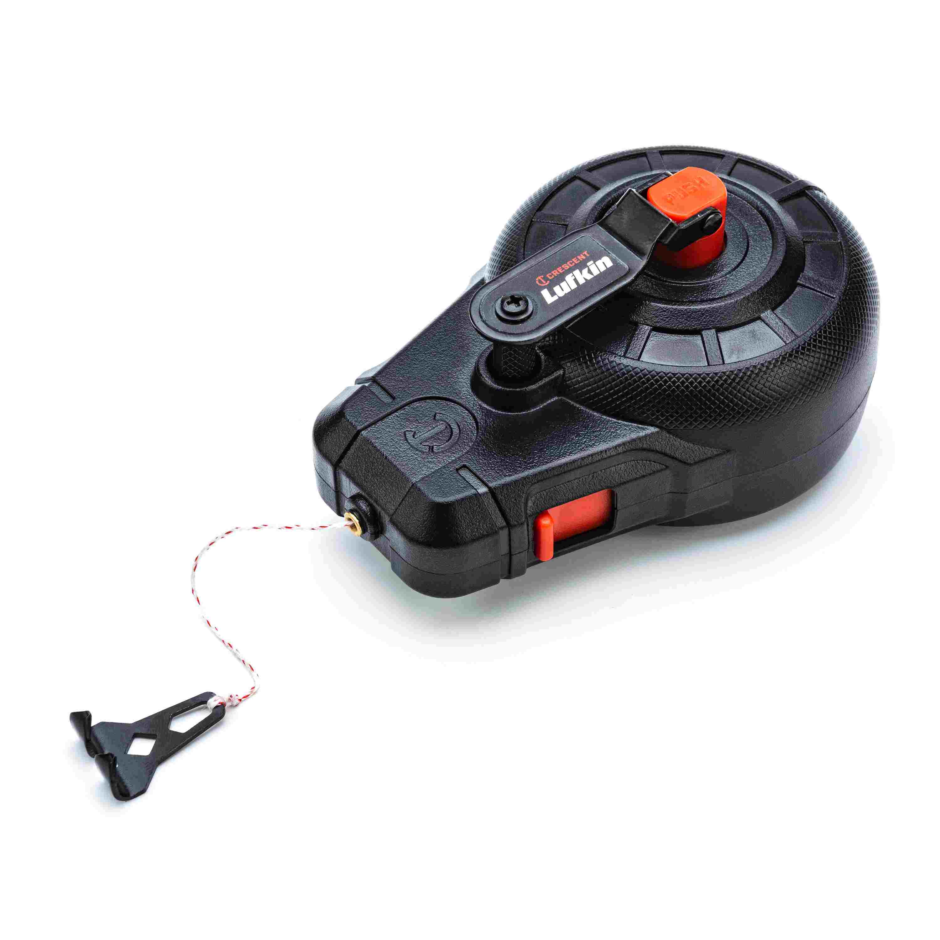 Angled view of the Crescent Lufkin 100-foot professional chalk reel with the braided nylon line and metal end hook partially extended from the durable black plastic housing.