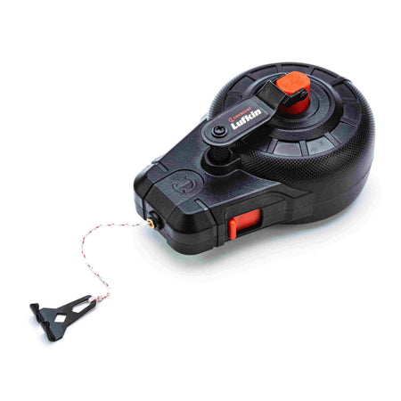 Angled view of the Crescent Lufkin 100-foot professional chalk reel with the braided nylon line and metal end hook partially extended from the durable black plastic housing.