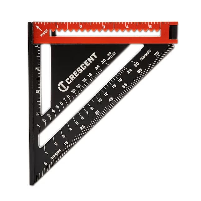A studio photograph of the Crescent Lufkin EX6 in its compact 6-inch configuration, with the orange extension arm folded into the top edge of the black aluminum square.