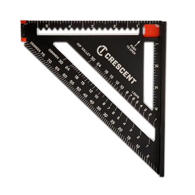 A studio photograph showing the back of the Crescent Lufkin EX6 layout tool in its closed 6-inch position, highlighting the push-to-open thumb lock and the laser-etched LSSP6 model number.