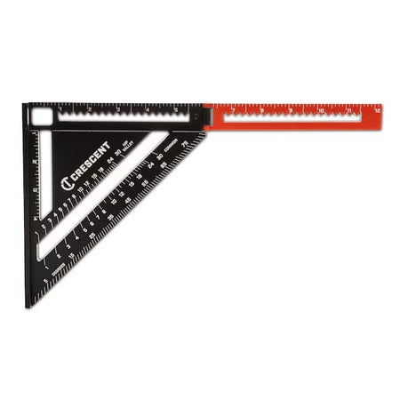 A studio photograph of the Crescent Lufkin EX6 extendable layout tool shown from the front with the orange extension arm fully deployed to its 12-inch length, displaying white laser-etched markings on the black aluminum rafter square.