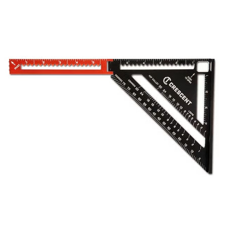 A studio photograph of the back of the Crescent Lufkin EX6 extendable layout tool with the orange extension arm fully opened, showing the pivot mechanism and laser-etched scales for common, hip, and valley rafters.