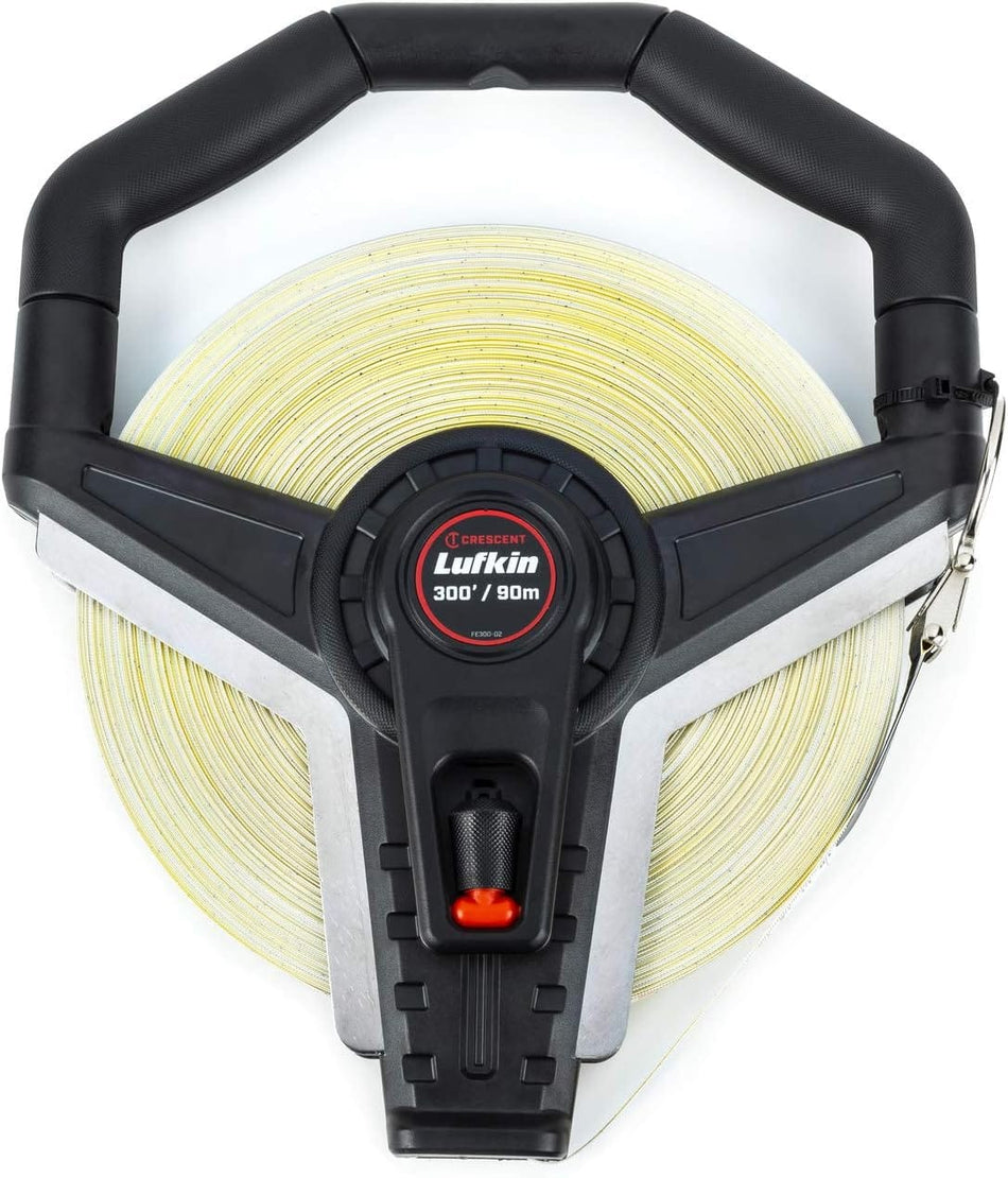 The image shows a top-down view of a yellow Crescent Lufkin 300-foot long tape measure wound onto a black and silver reel with a black handle. The center of the reel displays the Crescent Lufkin logo and the measurement "300'/90m".