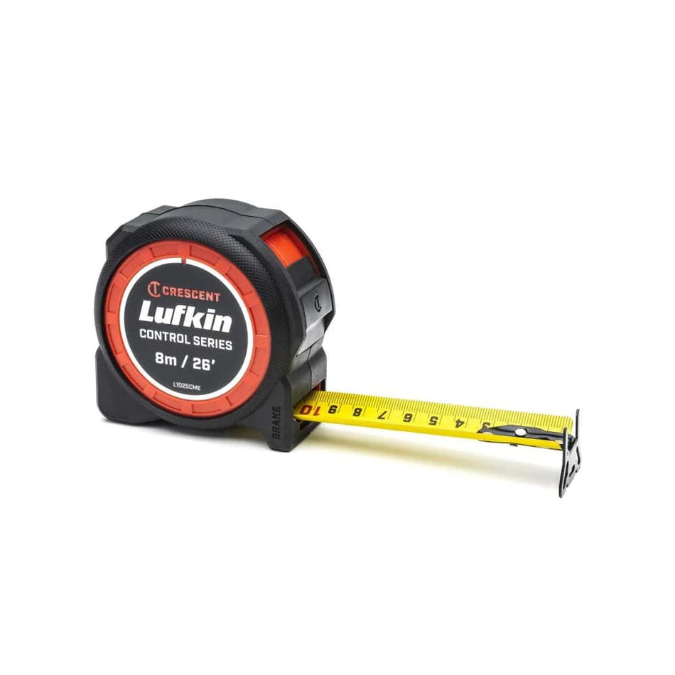 A professional Crescent Lufkin L1025CME Command Control Series 8m/26-foot tape measure featuring a 1-3/16 inch wide yellow clad steel blade partially extended, a rugged black impact-protective overmold case, and a 360-degree grip end hook.