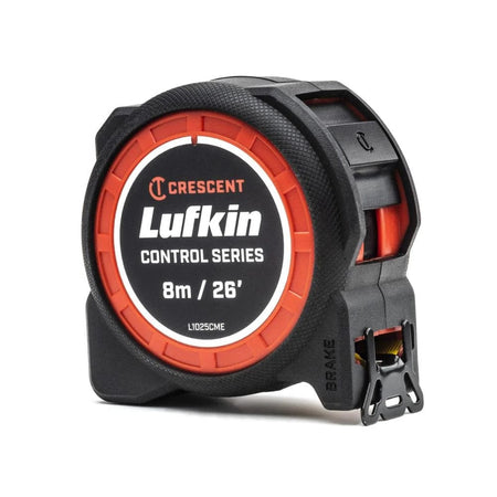 Side profile view of the Crescent Lufkin Control Series 26' tape measure highlighting the ergonomic dual-material housing and the integrated finger brake designed for anti-pinch manual blade control.