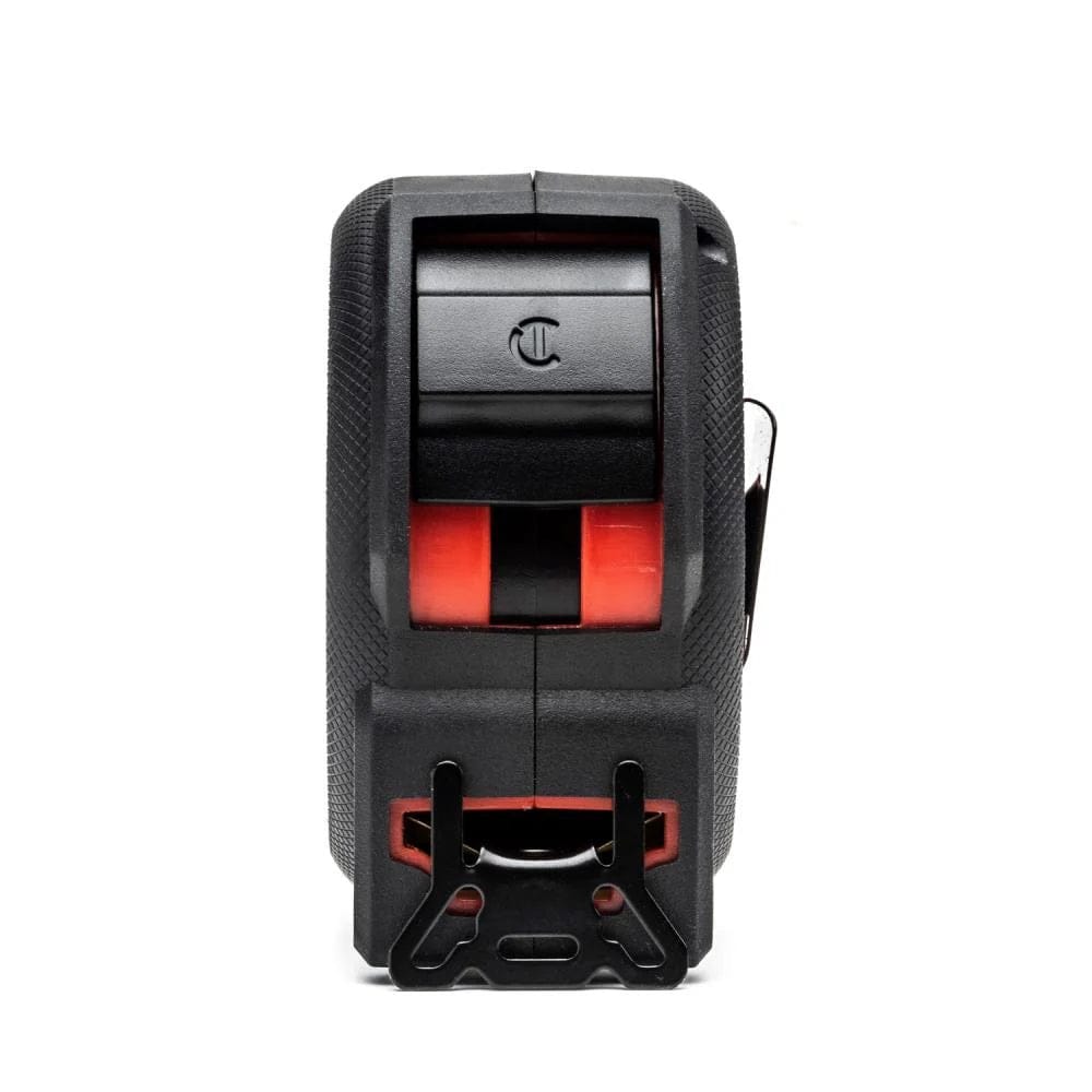 Front view of the Crescent Lufkin professional tape measure focusing on the protected wide lock button and the high-visibility entry point for the nylon-coated steel blade.