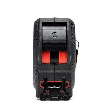 Front view of the Crescent Lufkin professional tape measure focusing on the protected wide lock button and the high-visibility entry point for the nylon-coated steel blade.