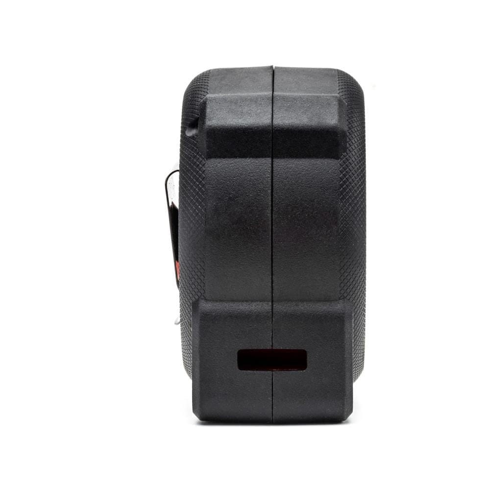 Back profile of the Command Control Series tape measure illustrating the slim, compact design and the integrated steel tether point for safety when working at heights.