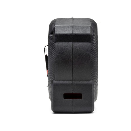 Back profile of the Command Control Series tape measure illustrating the slim, compact design and the integrated steel tether point for safety when working at heights.