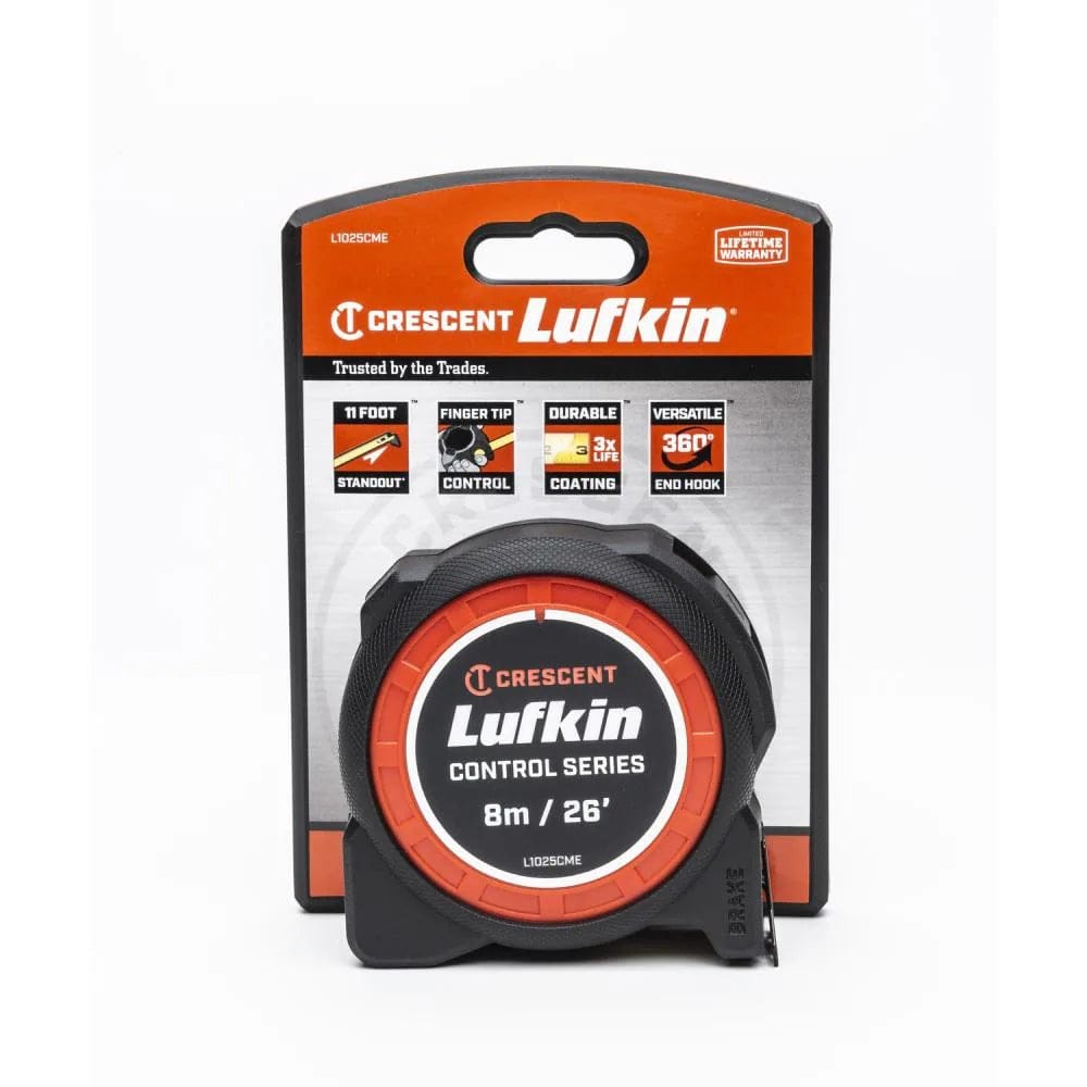 Retail packaging for the Crescent Lufkin L1025CME tape measure highlighting key professional features including 11 feet of standout, fingertip control, 3x blade life coating, and a versatile 360-degree end hook.