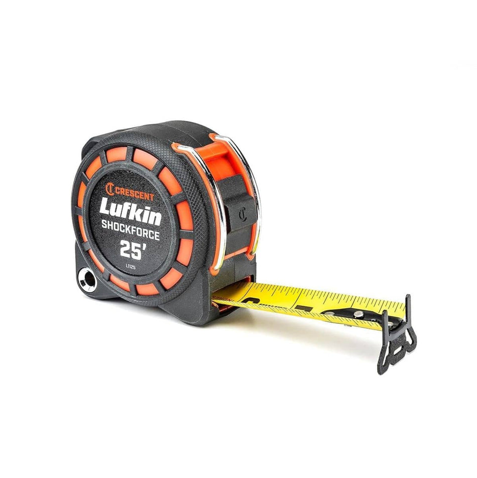A professional product photograph of the Crescent Lufkin Shockforce G1 25-foot tape measure featuring a rugged black and orange housing with a matte nylon-coated dual-sided blade and a heavy-duty 360-degree end hook.