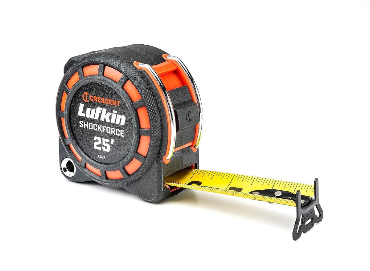 A professional product photograph of the Crescent Lufkin Shockforce G1 25-foot tape measure featuring a rugged black and orange housing with a matte nylon-coated dual-sided blade and a heavy-duty 360-degree end hook.