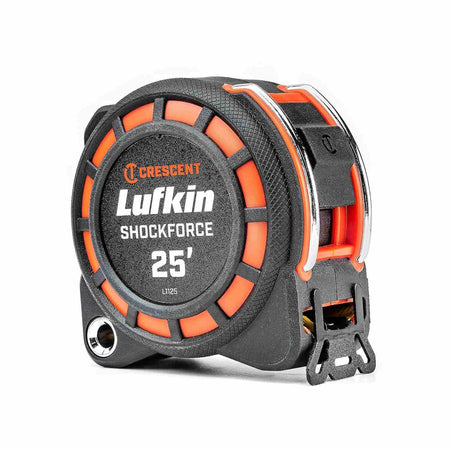A high-resolution studio shot of the Crescent Lufkin L1125-02 tape measure, highlighting the impact-resistant bolstered case design and the integrated steel tether point for safety when working at heights.