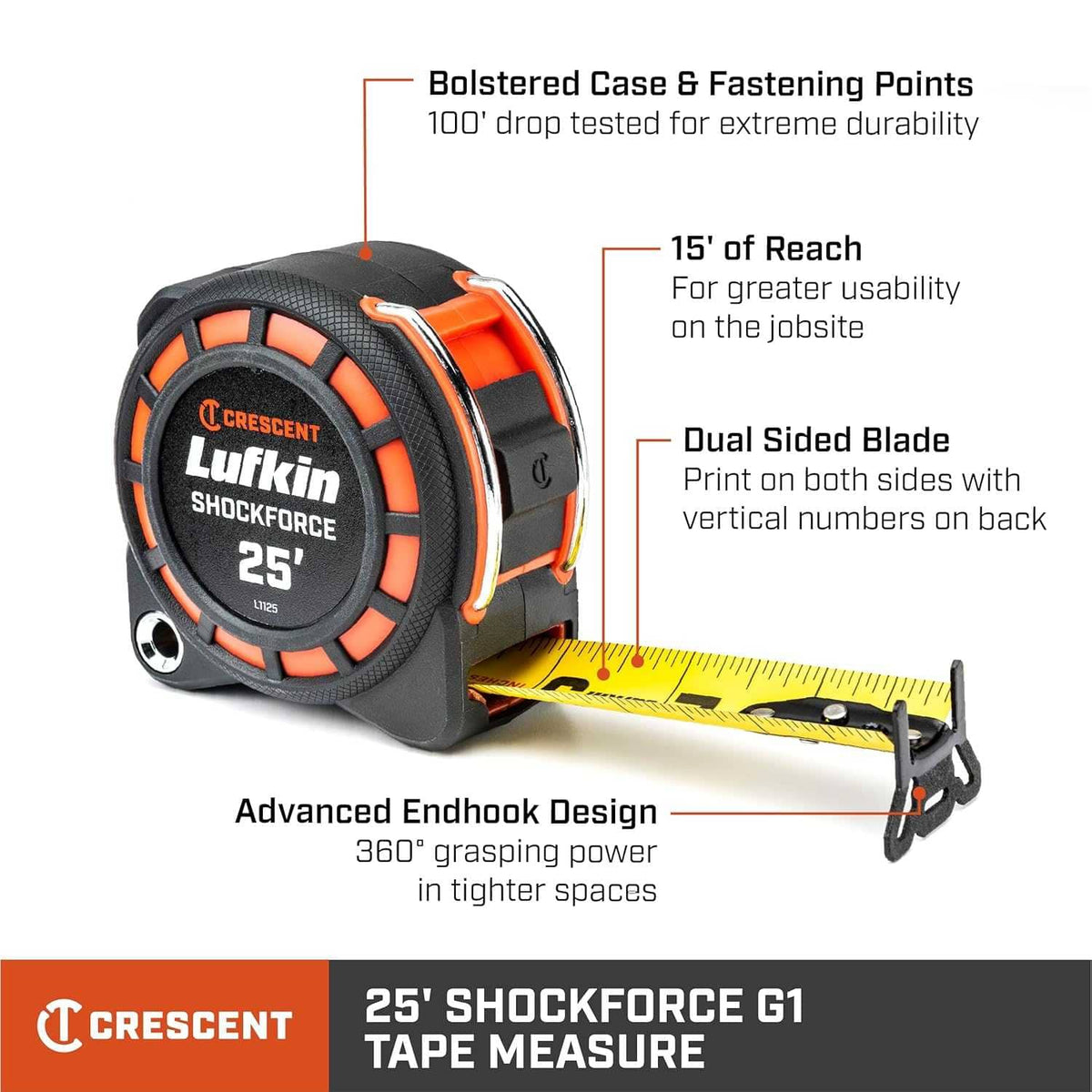 An informational product graphic for the Crescent Lufkin Shockforce G1 highlighting key features including a 100-foot drop test rating, 15 feet of reach, a dual-sided blade with vertical markings, and a 360-degree advanced endhook design.