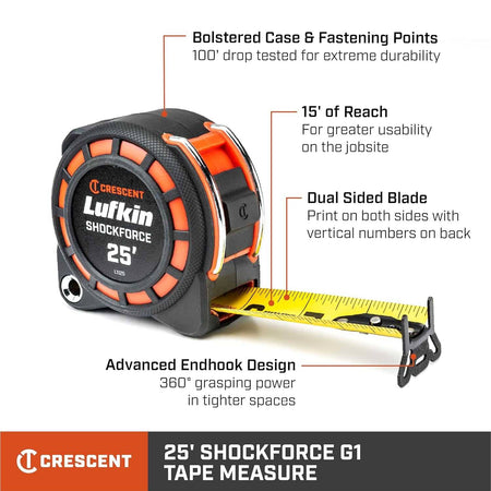 An informational product graphic for the Crescent Lufkin Shockforce G1 highlighting key features including a 100-foot drop test rating, 15 feet of reach, a dual-sided blade with vertical markings, and a 360-degree advanced endhook design.