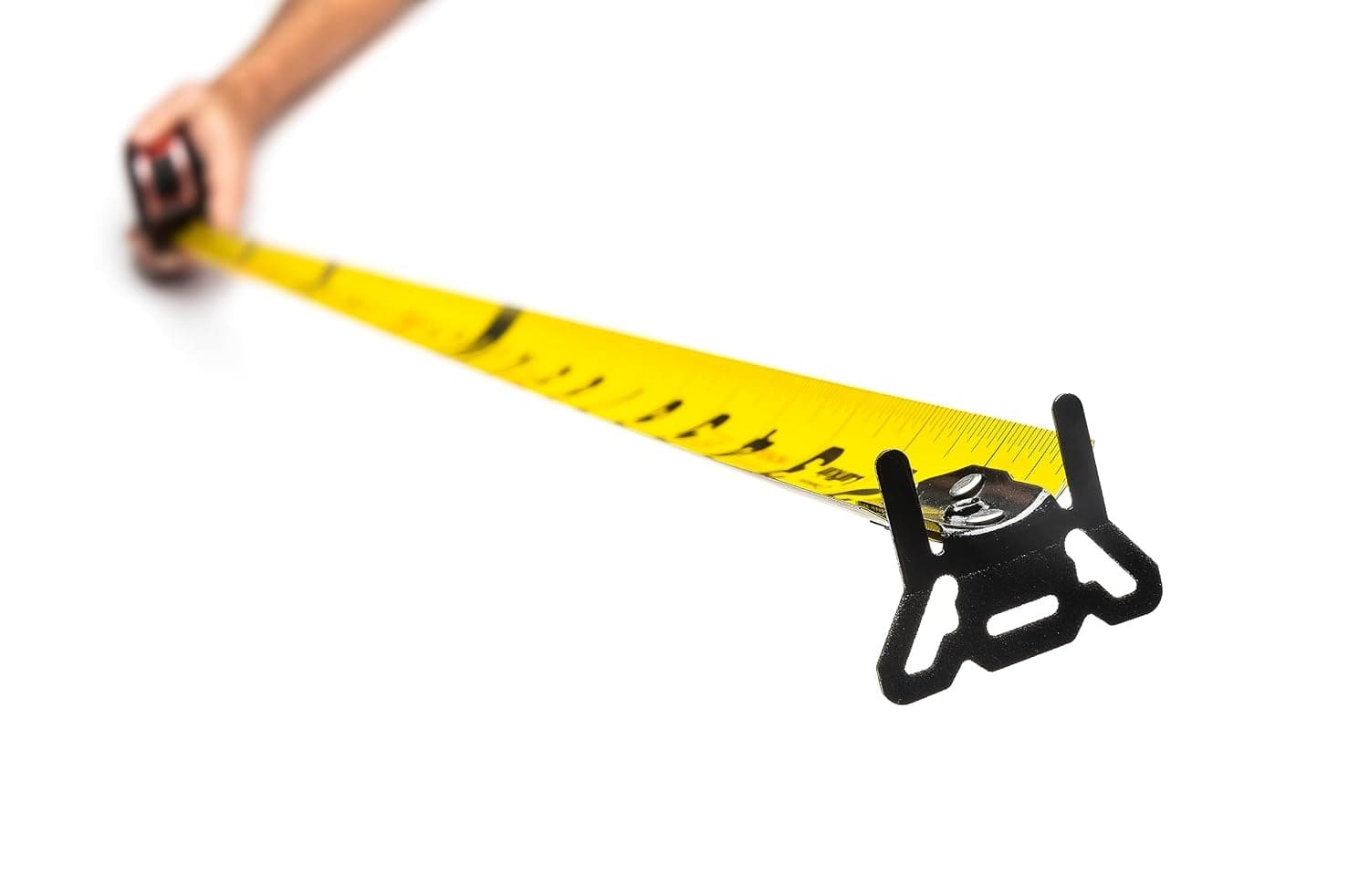 A perspective view of the Crescent Lufkin 25-foot tape measure blade extended toward the viewer, showcasing the specialized black 360-degree end hook designed for maximum gripping power in tight spaces.