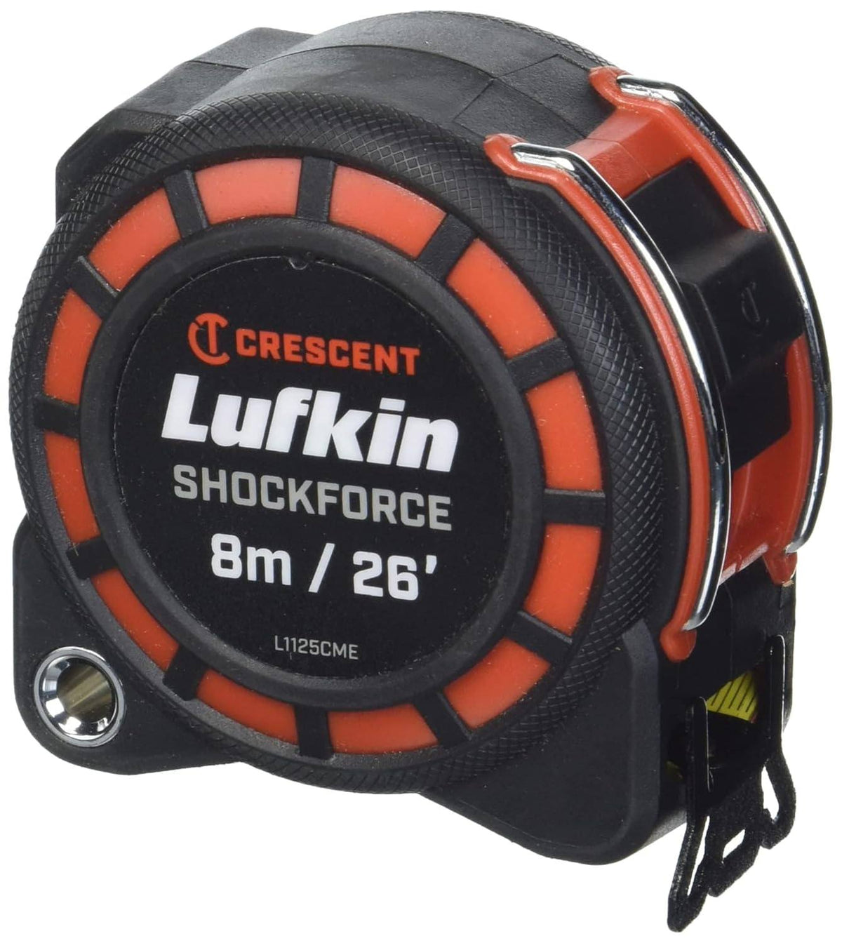 Front profile view of the Crescent Lufkin Shockforce 26' tape measure showing the rugged, high-impact black case with orange accents and a high-visibility center label.