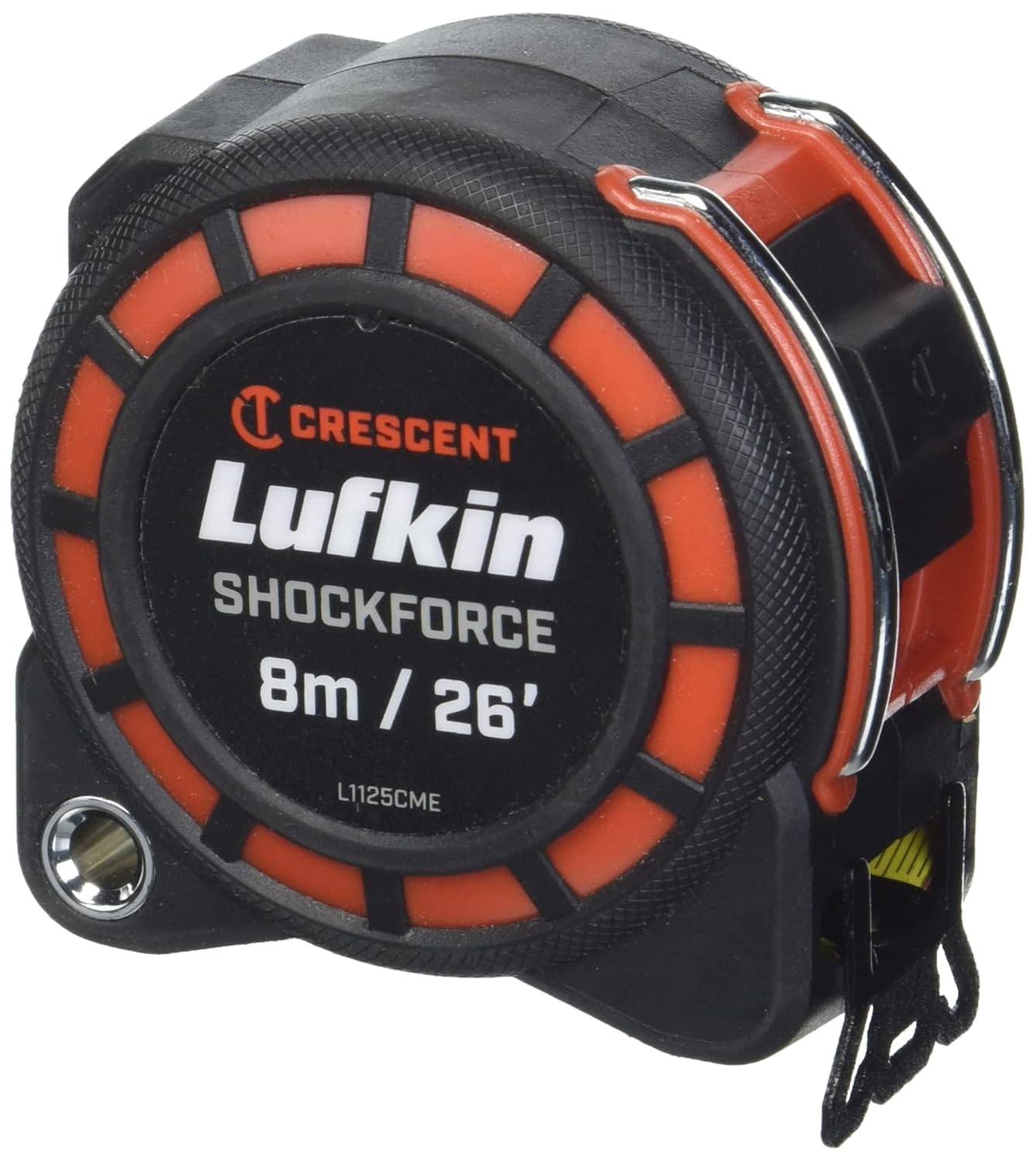 Front profile view of the Crescent Lufkin Shockforce 26' tape measure showing the rugged, high-impact black case with orange accents and a high-visibility center label.