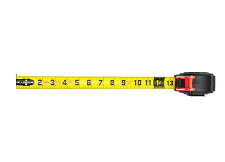 Top-down view of the Crescent Lufkin Shockforce steel blade fully extended, demonstrating the large-print imperial and metric graduations designed for high-performance jobsite readability.