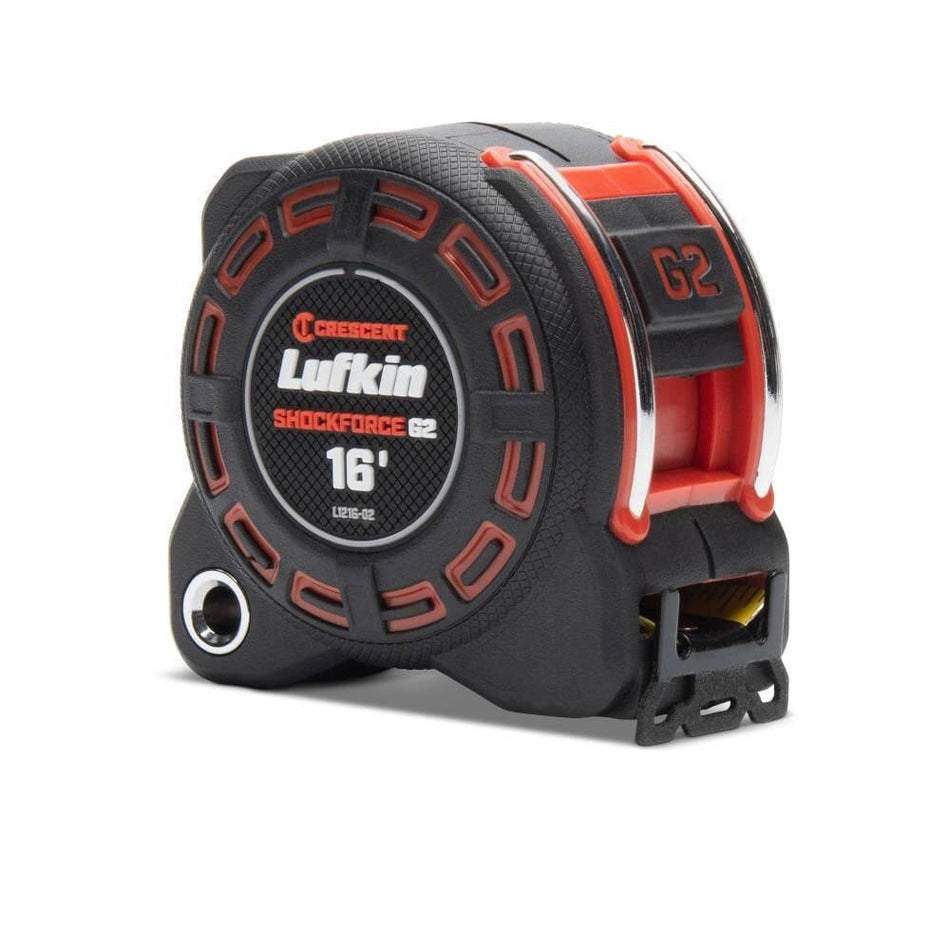 A Crescent Lufkin L1216-02 Shockforce 16-foot tape measure featuring a rugged matte black impact-resistant composite case with orange accents and a high-visibility Nite Eye blade.