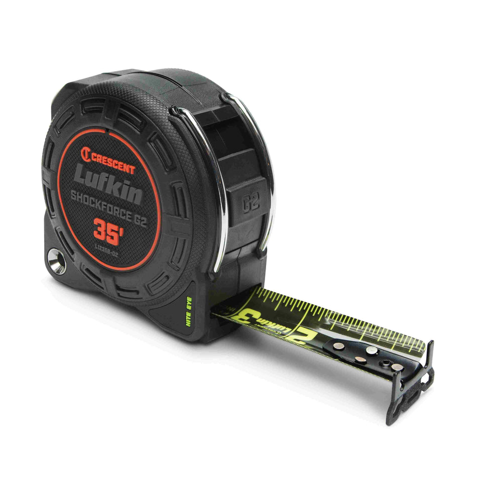 A Crescent Lufkin L1235B-02 Shockforce G2 Nite Eye 35-foot tape measure featuring a rugged matte black housing with orange accents and a high-visibility black blade with neon green markings.