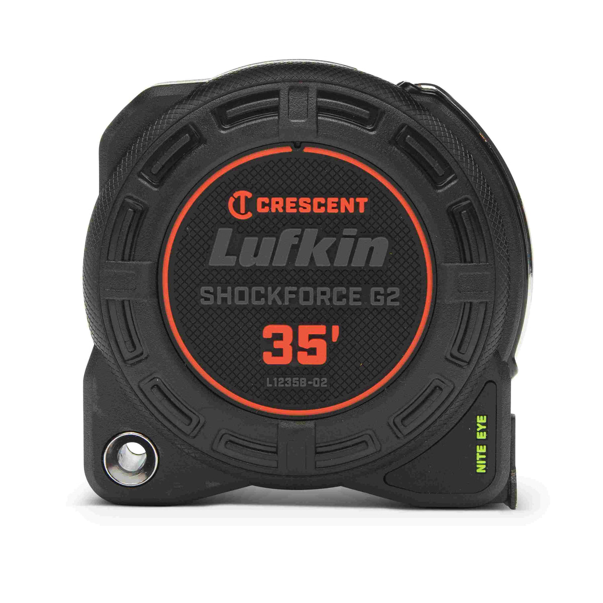Front-facing view of the Crescent Lufkin L1235B-02 Shockforce G2 35-foot tape measure illustrating the compact, impact-resistant composite case and the Nite Eye branding.