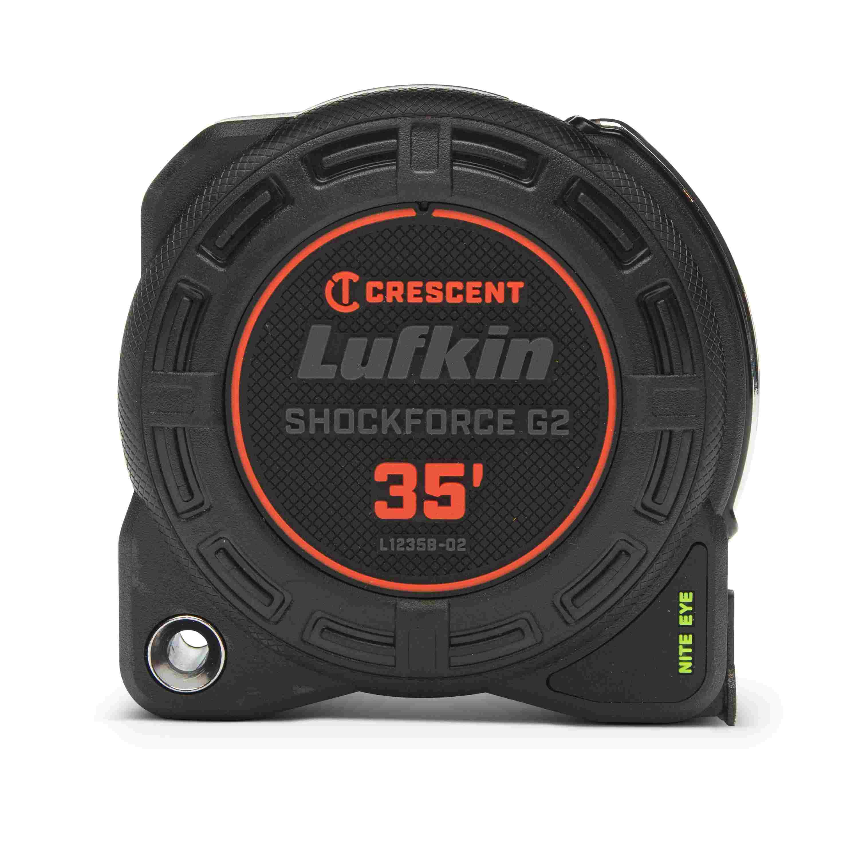 Front-facing view of the Crescent Lufkin L1235B-02 Shockforce G2 35-foot tape measure illustrating the compact, impact-resistant composite case and the Nite Eye branding.