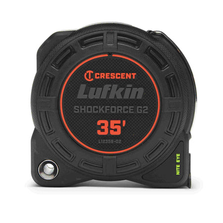 Front-facing view of the Crescent Lufkin L1235B-02 Shockforce G2 35-foot tape measure illustrating the compact, impact-resistant composite case and the Nite Eye branding.