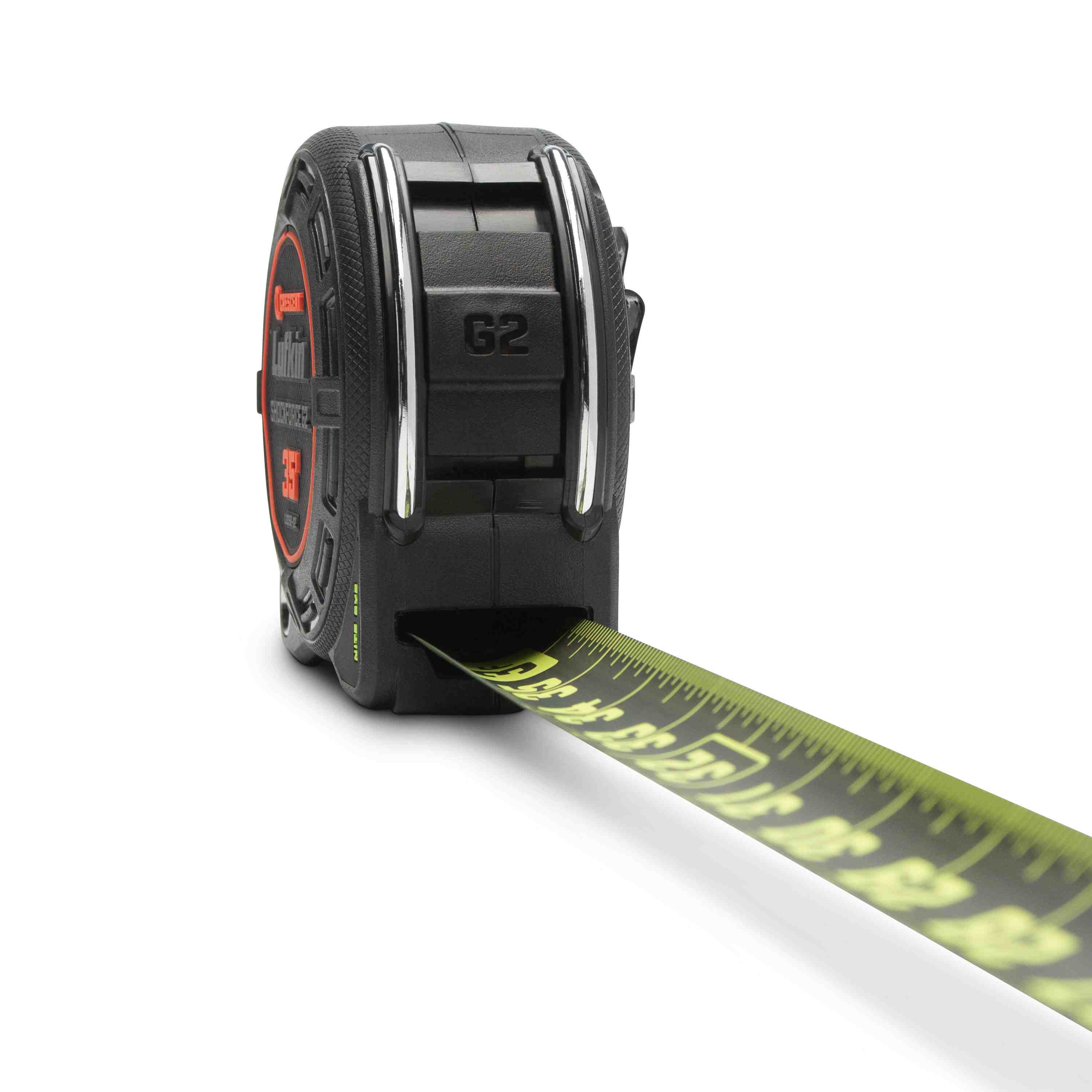 Perspective shot of the Crescent Shockforce G2 Nite Eye blade partially extended, showcasing the high-contrast green-on-black graphics and the durable matte finish.