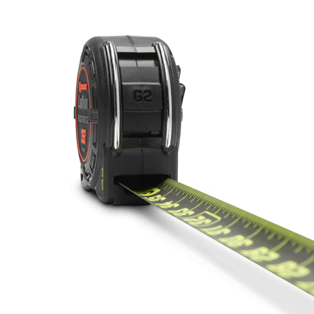 Perspective shot of the Crescent Shockforce G2 Nite Eye blade partially extended, showcasing the high-contrast green-on-black graphics and the durable matte finish.