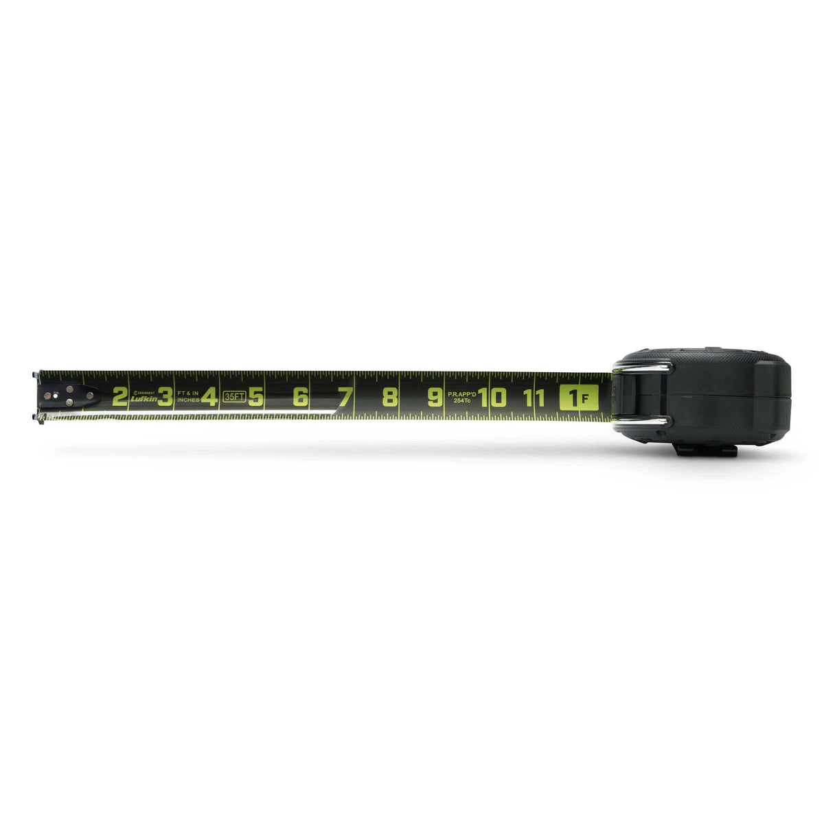 Side profile view of the Crescent Lufkin L1235B-02 tape measure with the blade deployed horizontally, demonstrating the large, easy-to-read SAE measurement increments.