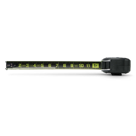 Side profile view of the Crescent Lufkin L1235B-02 tape measure with the blade deployed horizontally, demonstrating the large, easy-to-read SAE measurement increments.