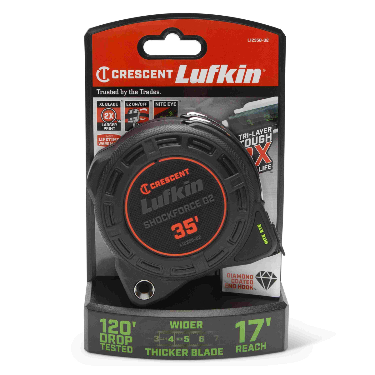 Crescent Lufkin L1235B-02 tape measure in its original retail packaging, emphasizing the 120-foot drop test rating, 17-foot reach, and 3X blade life.