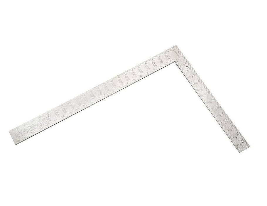 A perspective studio shot of the Crescent Lufkin L1624RS 16-inch by 24-inch aluminum rafter square featuring high-contrast etched SAE markings and a professional silver finish for precision framing and carpentry.