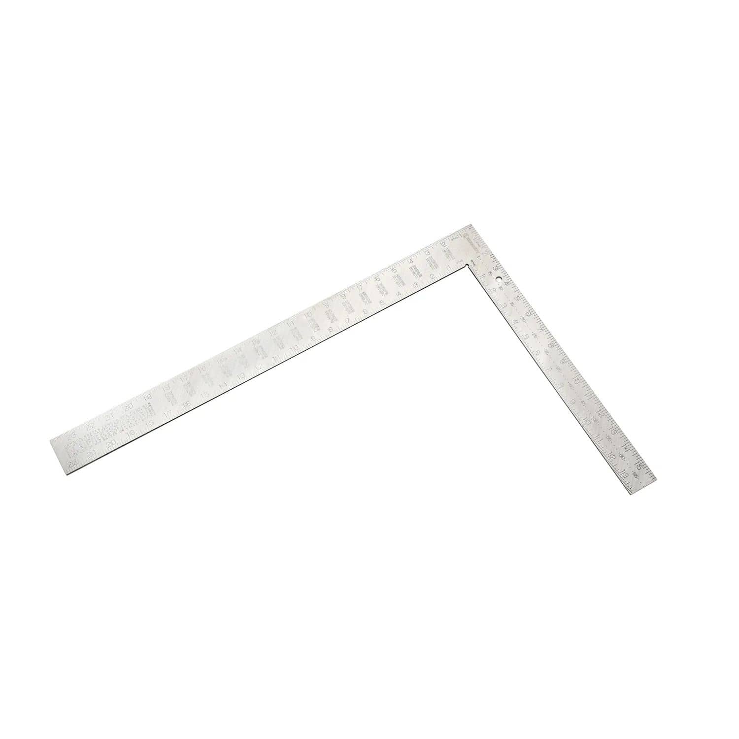 A perspective studio shot of the Crescent Lufkin L1624RS 16-inch by 24-inch aluminum rafter square featuring high-contrast etched SAE markings and a professional silver finish for precision framing and carpentry.