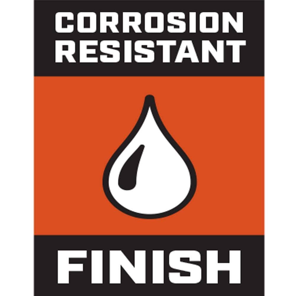 An informational marketing icon for the Crescent Lufkin rafter square highlighting the corrosion-resistant finish designed to protect the tool from moisture and harsh jobsite elements.