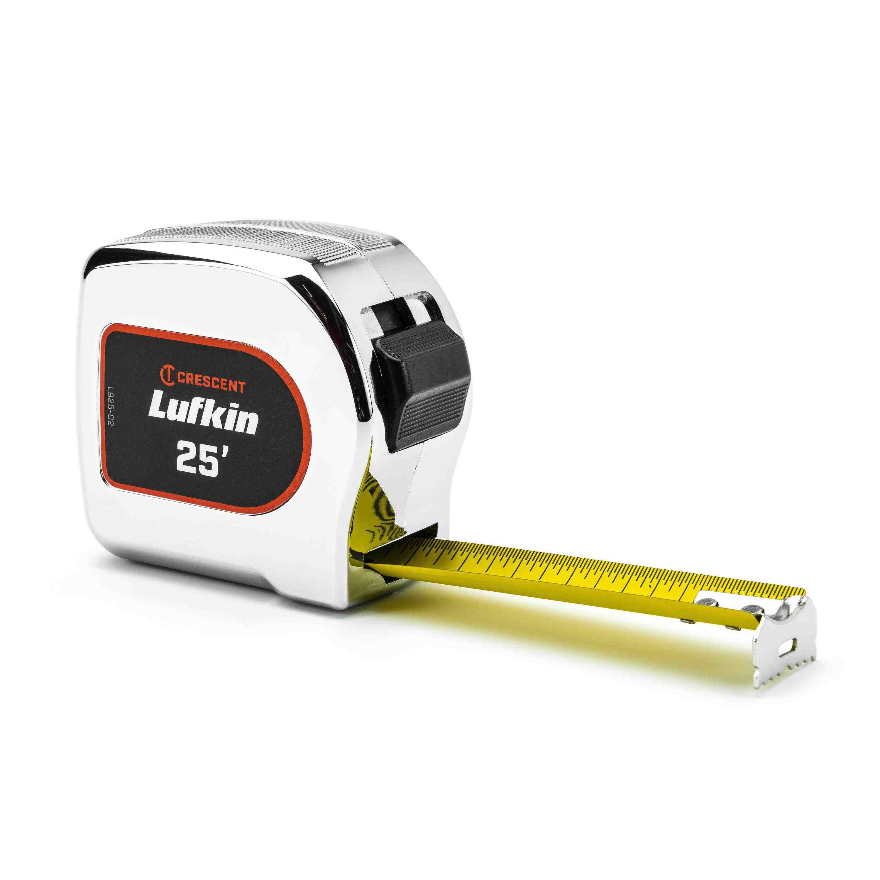 A Crescent Lufkin L925-02 25-foot tape measure featuring a polished chrome case and a 1-1/8 inch wide yellow clad blade partially extended for measuring.