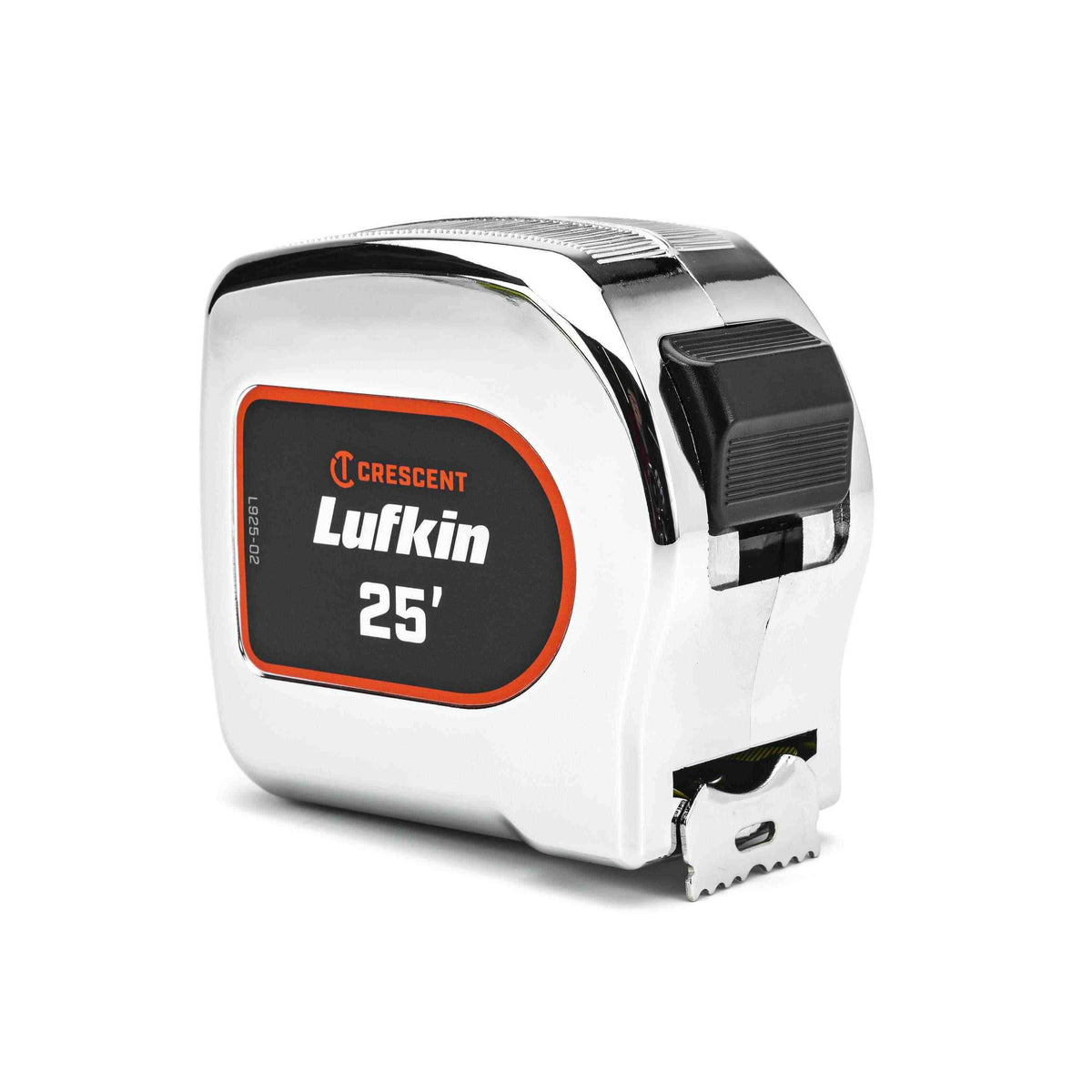 Close-up view of the Crescent Lufkin 25-foot professional tape measure focusing on the durable chrome ergonomic case and the black sliding lock mechanism.
